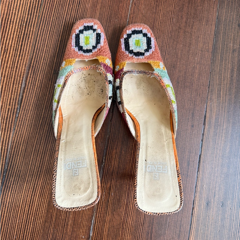 Fendi Beaded Multicolor Slip-On Heels in Peach, Black, White, Lime - Picture 2 of 6